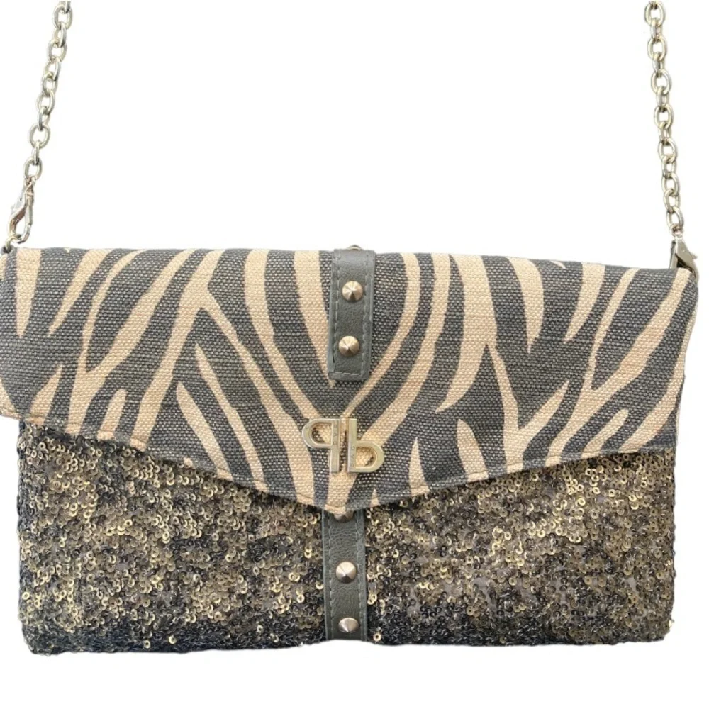 Pinko Shoulder Bag Clutch Animal Print and Sequins with Goldtone Chain
